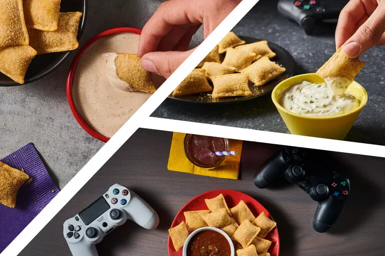 Collage of three Totino's Pizza Rolls, dip & sauce recipes plated up alongside napkins and game controllers.