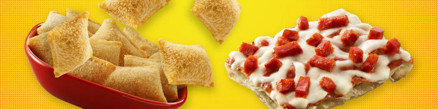 Image of floating Totino's Pizza Bites in a bowl and a slice of Pepperoni Party Pizza