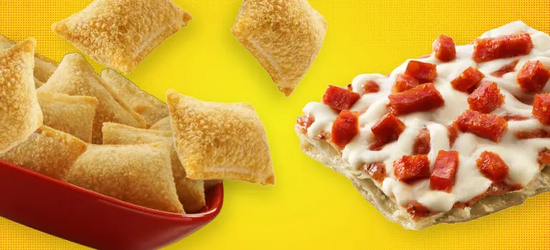 Image of floating Totino's Pizza Bites in a bowl and a slice of Pepperoni Party Pizza