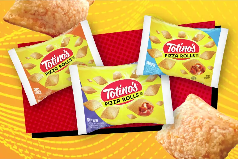 Three Totino's Pizza Rolls packs in the flavors Triple Cheese, Pepperoni & Combination & two Pizza Rolls on a yellow background