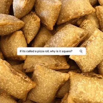 A bunch of Pizza Rolls with a web search bar in the middle that says "If its called a pizza roll, why is it square?" - Link to social post