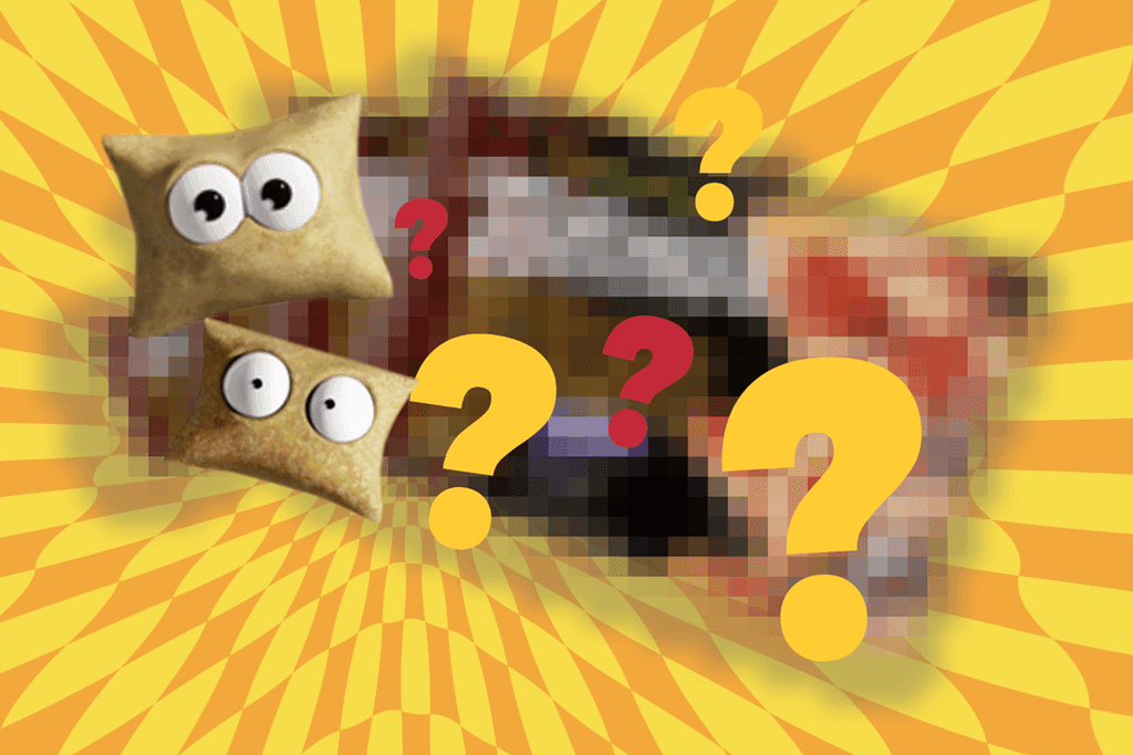 Totino’s Pizza Roll characters reacting to pixelated mystery products with question marks on a vibrant spiral background.