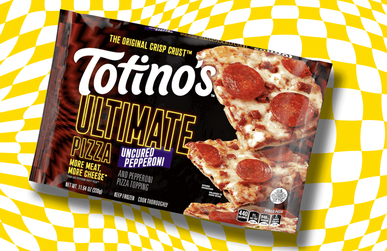 Totino’s Ultimate Pizza, front of pack, on a vibrant yellow spiral background.