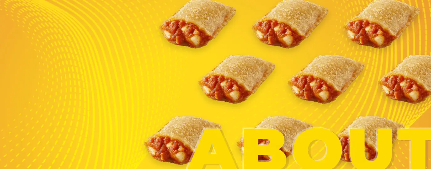 A row of Totino's Pizza Pockets on a yellow background with text that reads "about".