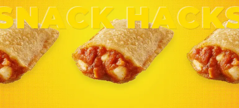 Pizza Pockets in a row on a yellow background with “Snack Hacks” text over image