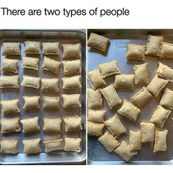 A meme that states there are two types of people with images of two metal baking sheets with Totino's Pizza Rolls. On one they are neatly arranged, on the other misaligned. - Link to social post