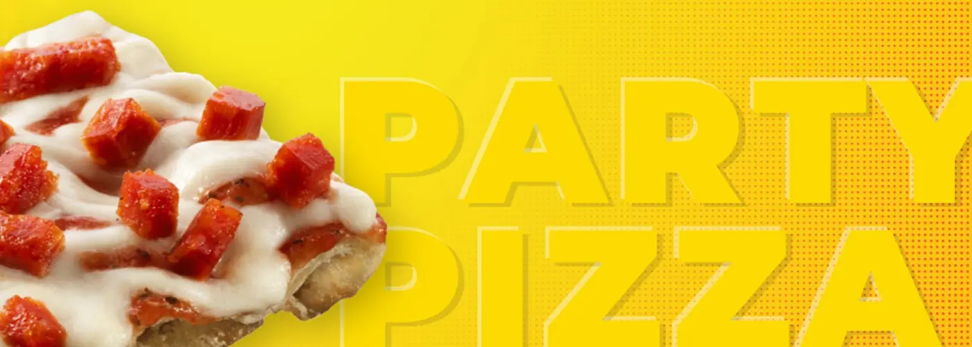 Totino's Pepperoni Party Pizza on a yellow background overlayed with text that states party pizza