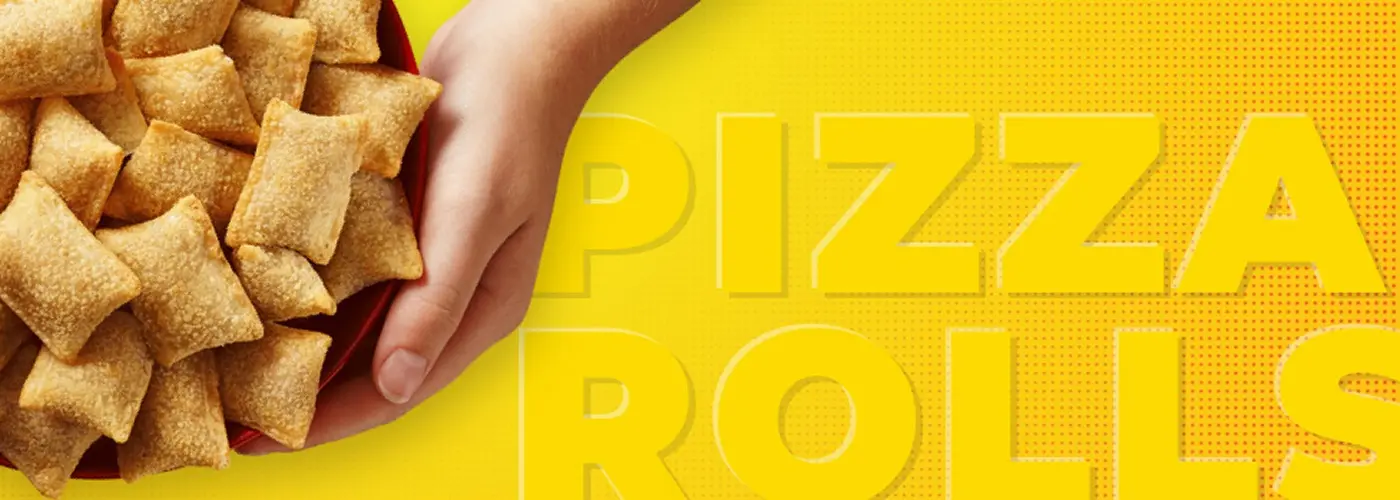Two hands cupping a bowl of Totino's Pizza Rolls alongside text that reads Pizza Rolls on a yellow background