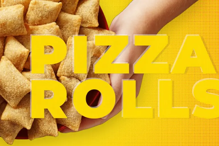 Two hands cupping a bowl of Totino's Pizza Rolls alongside text that reads Pizza Rolls on a yellow background