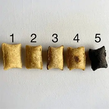 A row of Pizza Rolls in varying shades from light brown to charcoal, above them is a rating scale from 1-5 in correlation to how burnt they are. - Link to social post