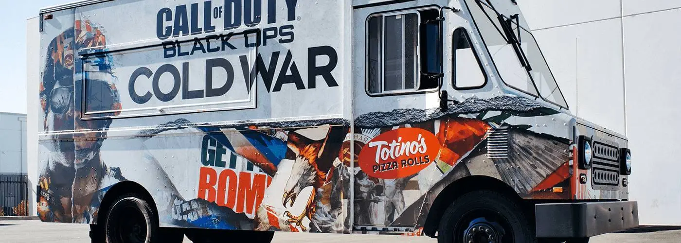 Image of a Totino's Pizza Rolls truck with Call of Duty Black Ops decoration