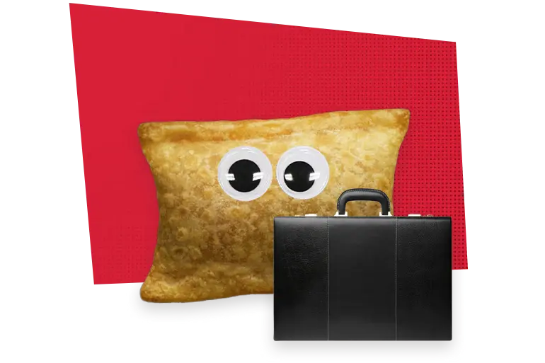 Pete Zaroll, a Totino's Pizza Rolls with googly eyes, standing behind a black leather briefcase.