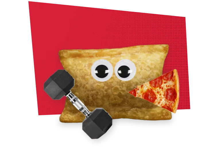 Pete Zaroll, a Totino's Pizza Rolls with googly eyes, lifting a weight while eating a slice of pepperoni pizza.