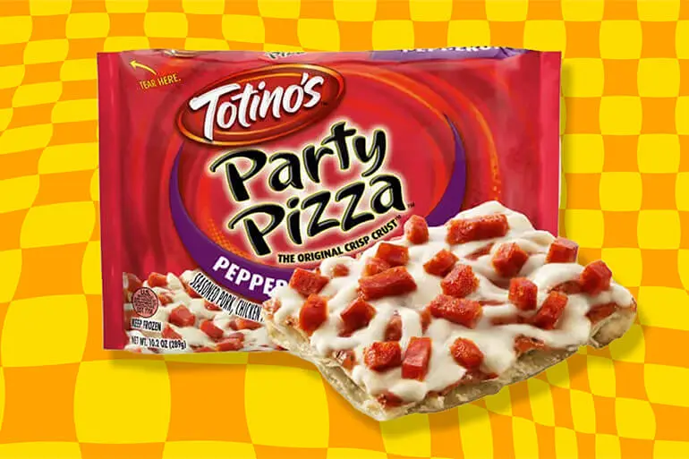 A package of Totino's Party Pizza, featuring pepperoni flavor. The packaging shows the brand logo and product name, with a close-up image of the pizza topped with pepperoni pieces and cheese. The package states 'The Original Crisp Crust' and 'Keep Frozen'