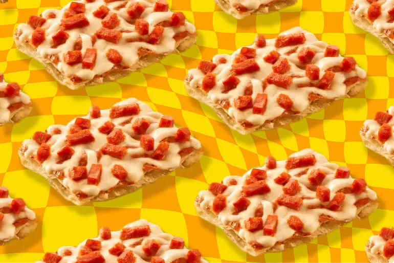 A repeating pattern of rectangular pizza slices topped with cheese and diced pepperoni on a checkered background.