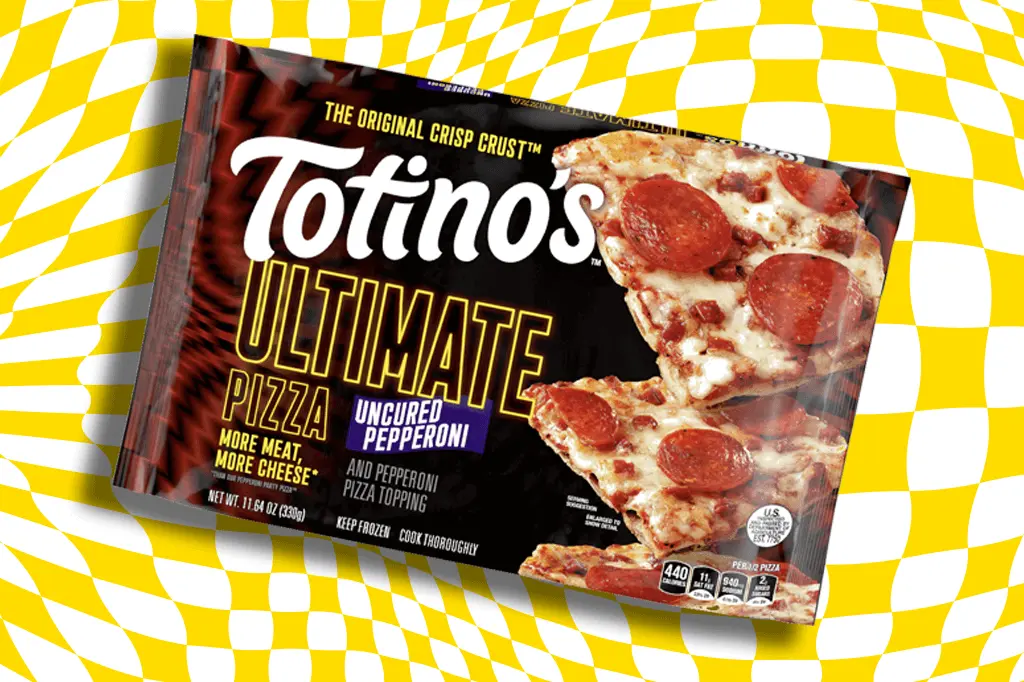 Totino’s Ultimate Pizza, front of pack, on a vibrant yellow spiral background.