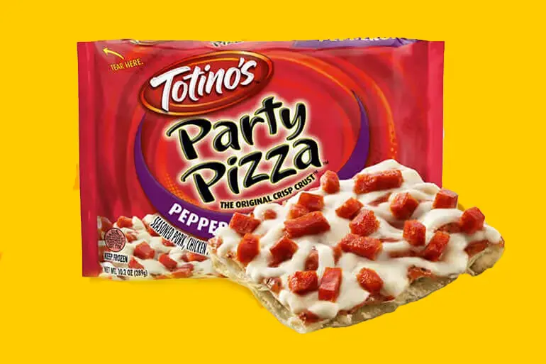 A package of Totino's Party Pizza, featuring pepperoni flavor. The packaging shows the brand logo and product name, with a close-up image of the pizza topped with pepperoni pieces and cheese. The package states 'The Original Crisp Crust' and 'Keep Frozen'